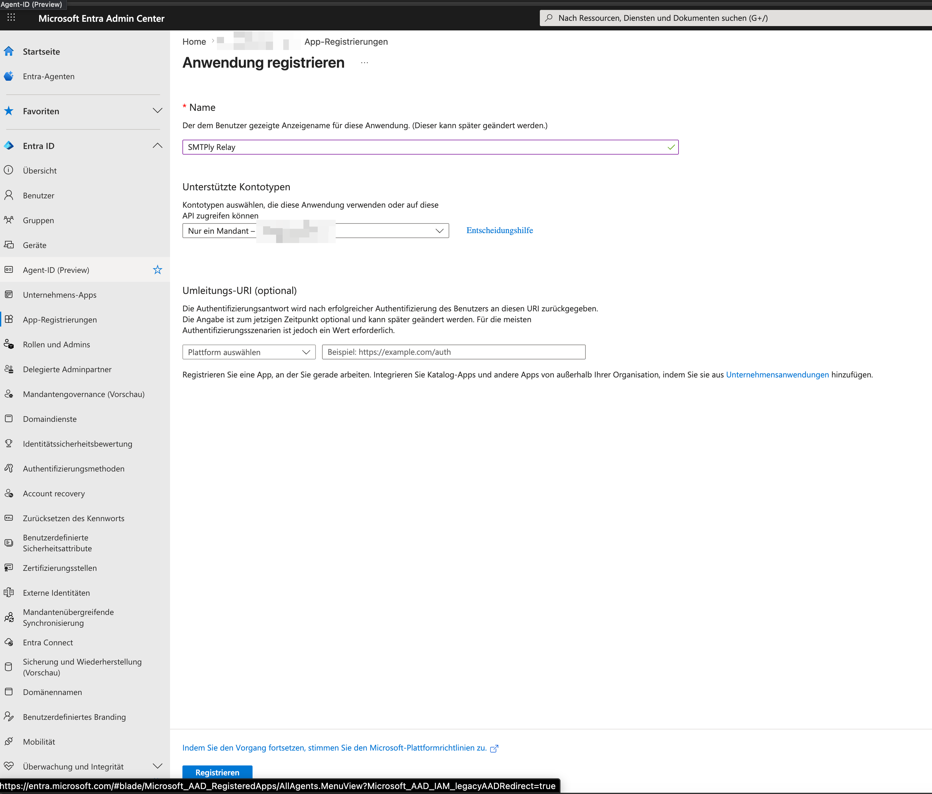 Entra admin center: new application registration form with the name SMTPly Relay