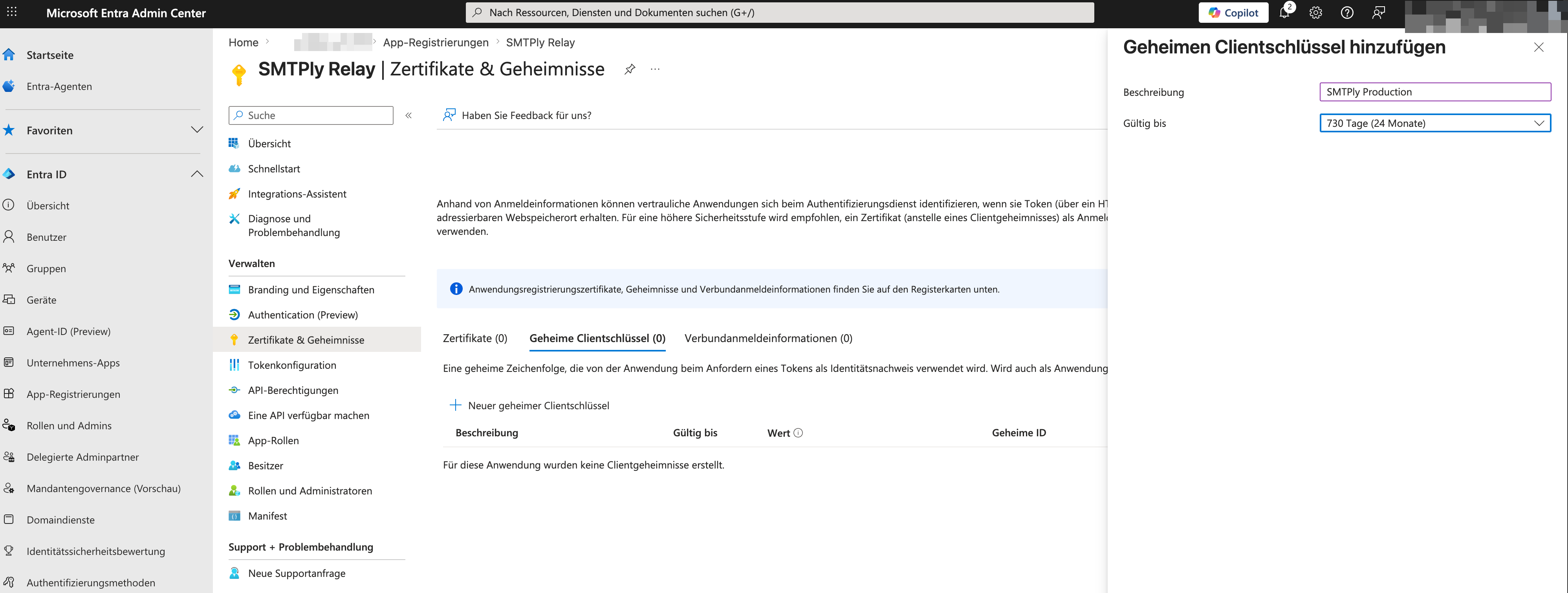'Add a client secret' dialog with description SMTPly Production and 730 days expiry