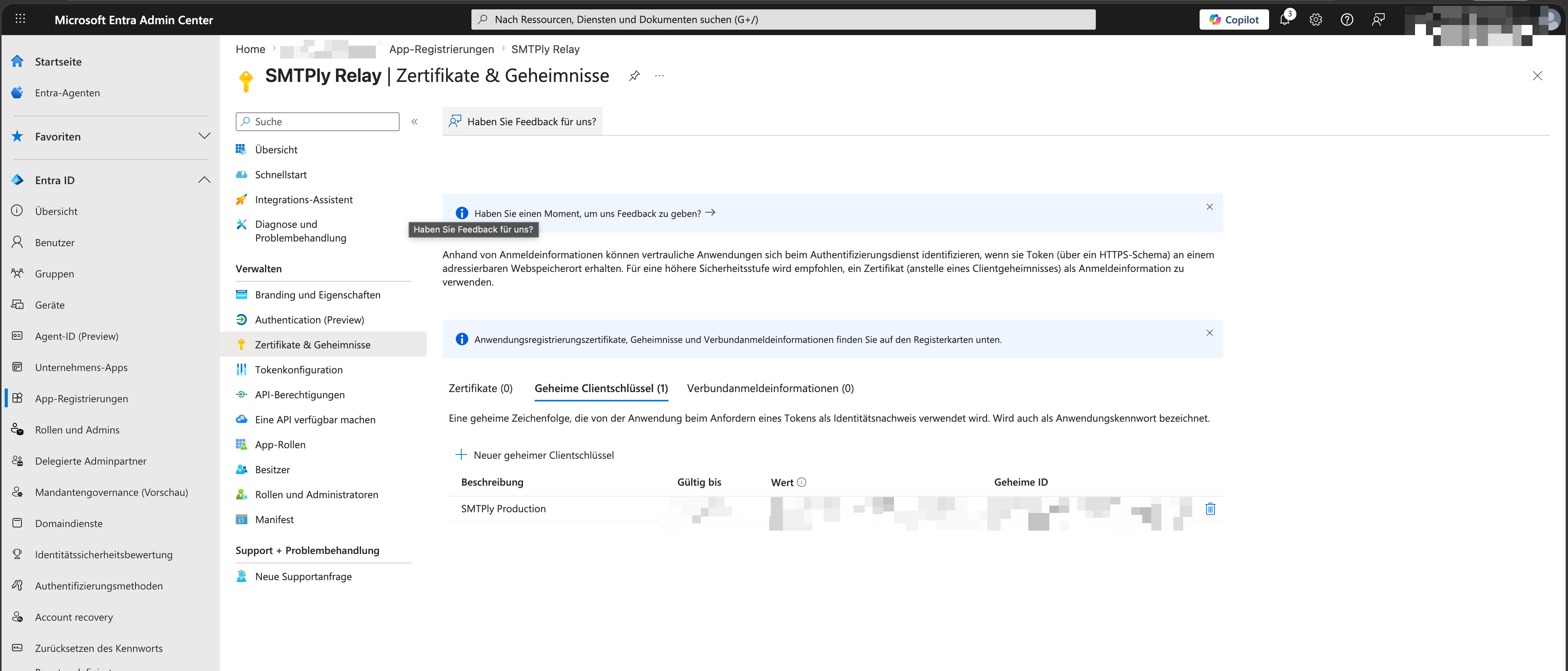 List showing the newly created client secret. The value is only visible in this view.