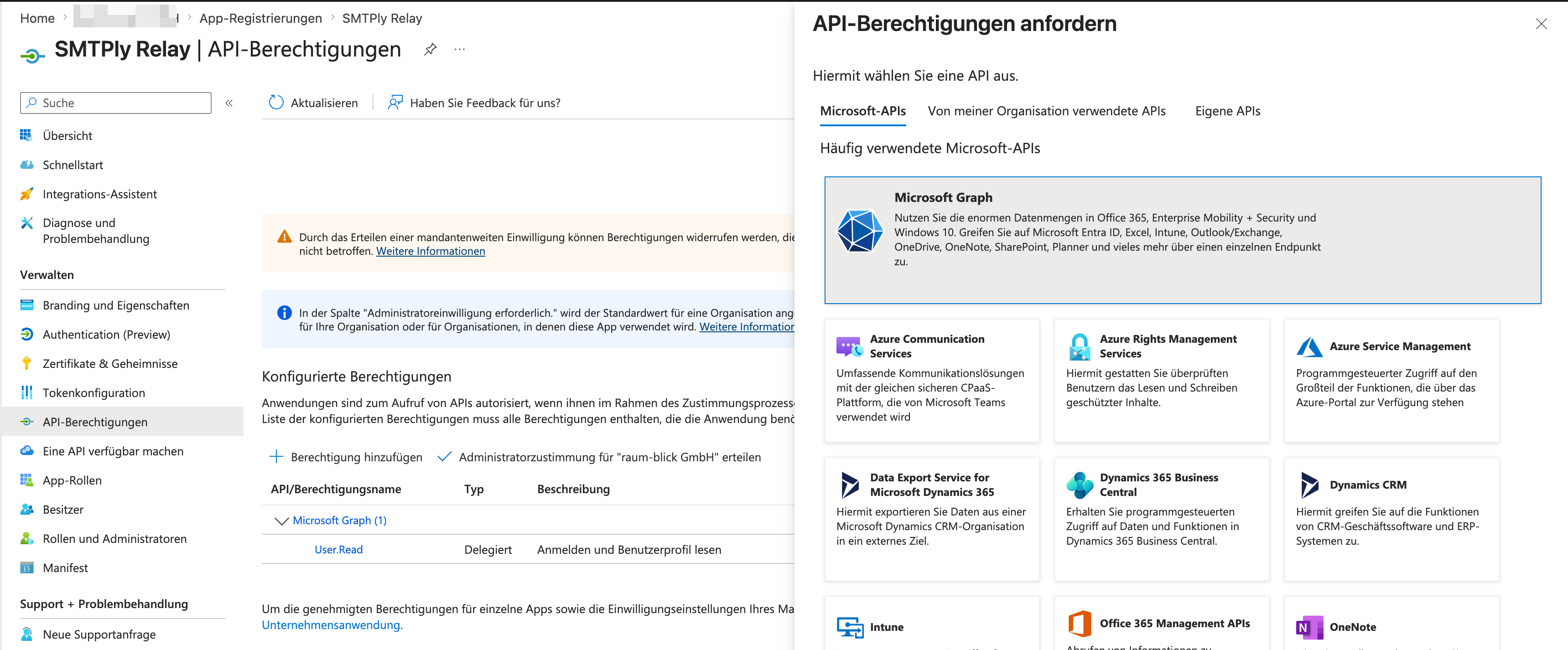 'Request API permissions' panel with Microsoft Graph selection highlighted