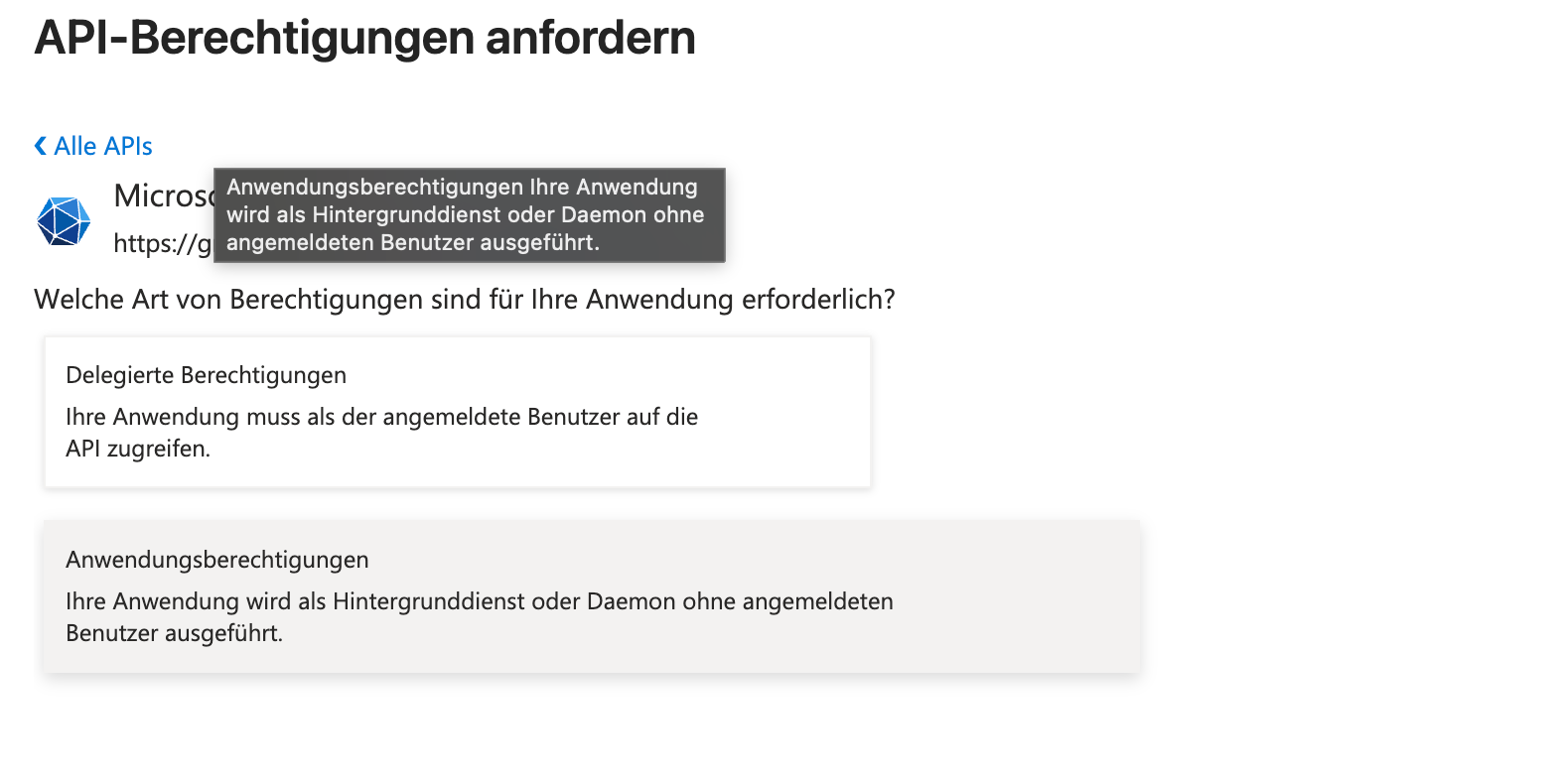 Choice between delegated and application permissions, second option selected