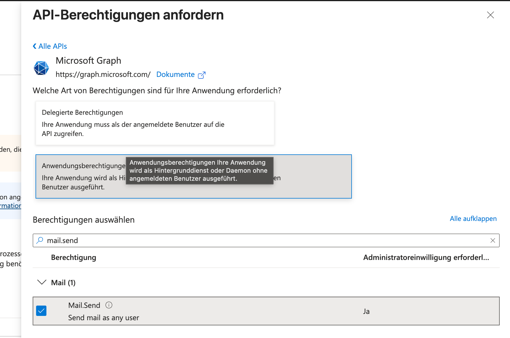 Mail.Send permission selected: Send mail as any user