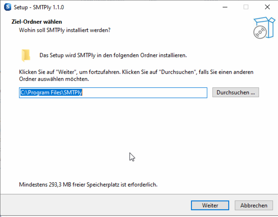 Installer step 1: destination folder dialog with default C:\Program Files\SMTPly