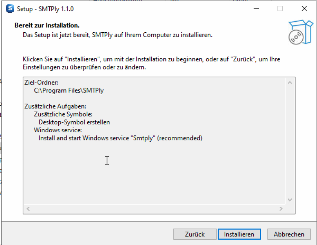 Installer step 3: summary of install options before starting
