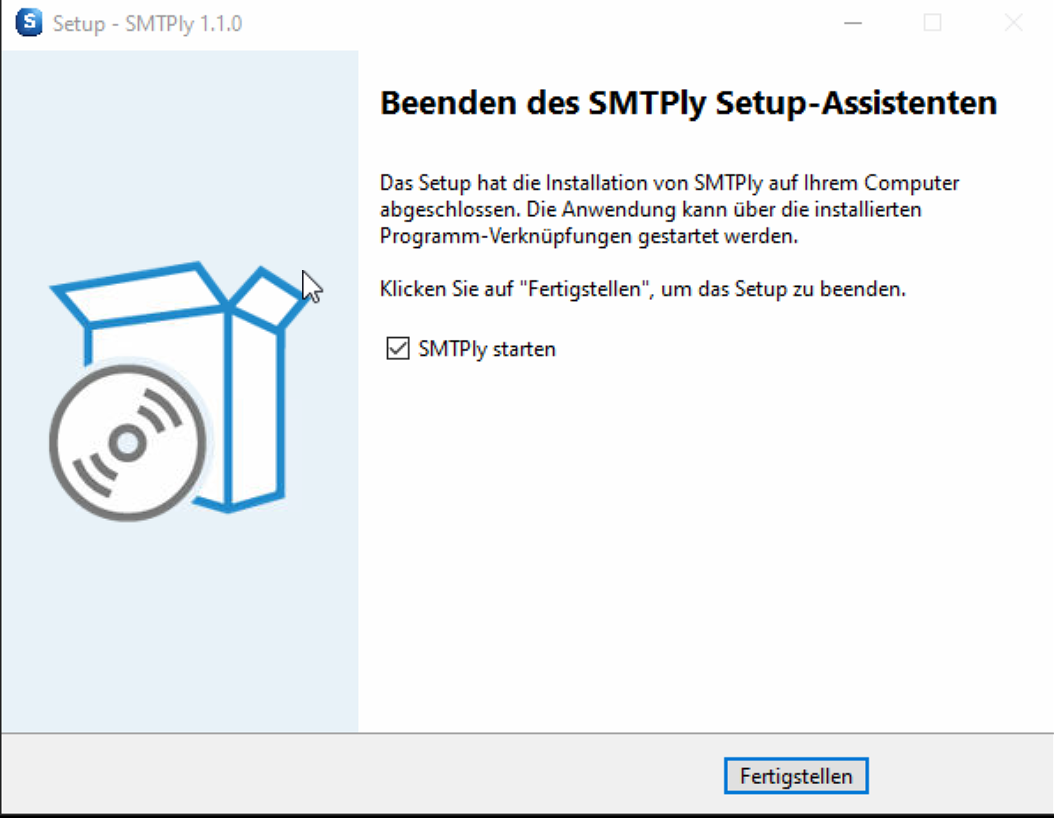 Installer step 4: completion page with 'Launch SMTPly' checkbox